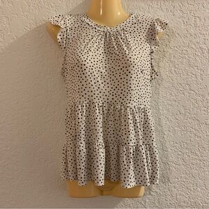 Monteau Women's Tiered Peplum Top Blouse Size S  White Black Polka Dot